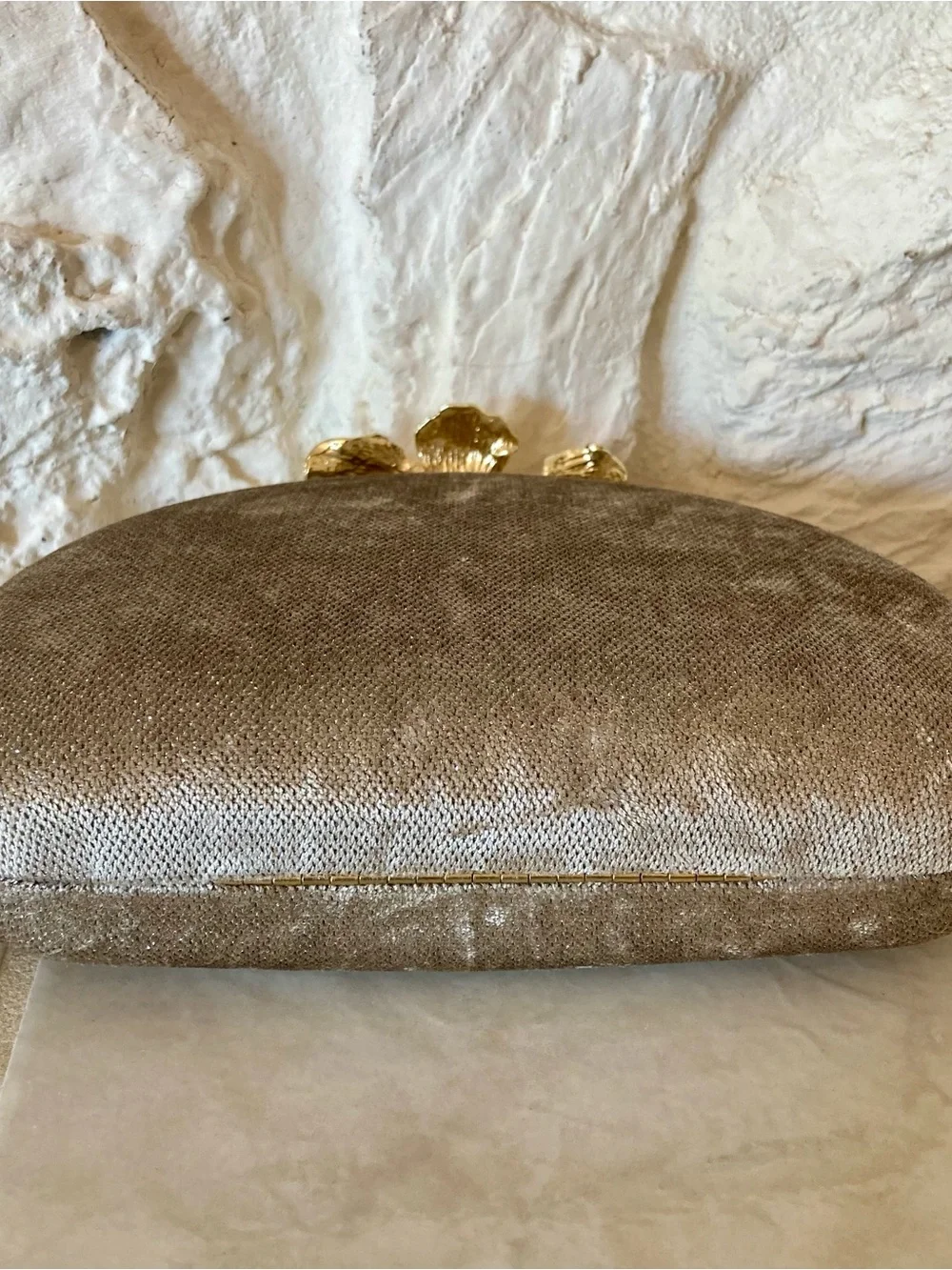 NWT House of Harlow 1960 Champagne Velvet Clutch with Gold Pearl Flower
